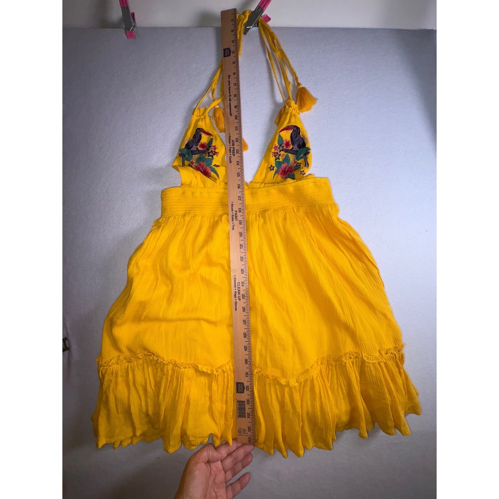 Forever 21 Yellow Embroidered Halter Mini Dress Floral Bird Tassel Large - Picture 10 of 11